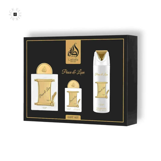 Lattafa Pride Peace & Love Geschenkset mit Parfum, Body Spray und Duftminiatur, elegant verpackt