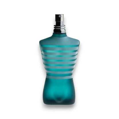 Duftflakon in Körperform, türkis-blau mit Streifen, exklusives Herrenparfum