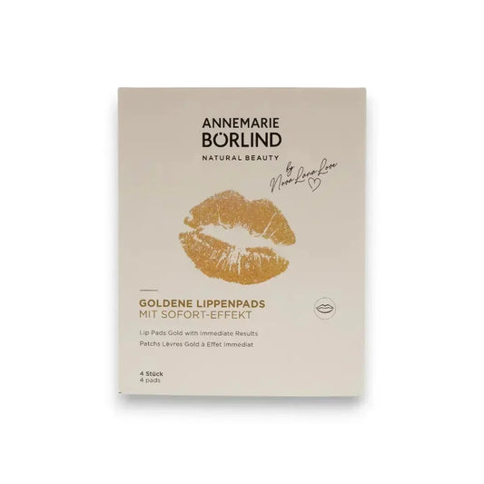 Goldene Lippenpads mit Sofort-Effekt, Verpackung mit goldenem Kussmund und Produktdetails