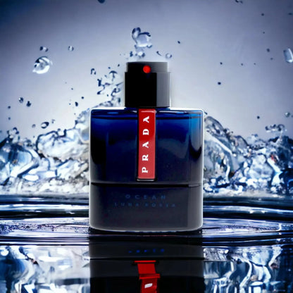 Dunkelblauer Flakon Prada Luna Rossa Ocean Eau de Toilette vor spritzendem Wasser