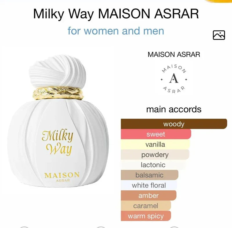 MAISON ASRAR Milky Way Parfumflakon in Weiß mit goldener Kappe, Duftnoten: holzig, süß, Vanille, pudrig, Unisex