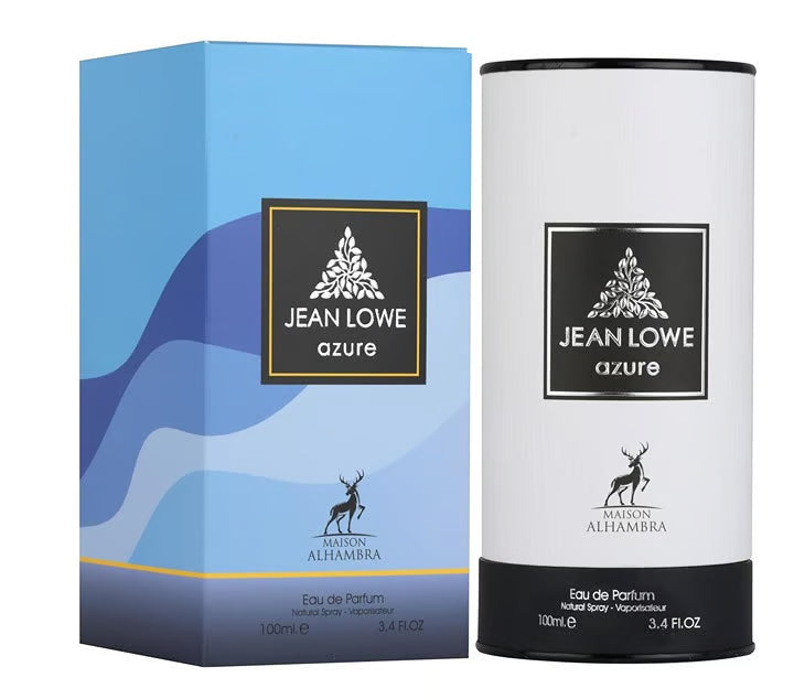 Jean Lowe Azure Eau de Parfum 100ml, edle Parfümverpackung in Blau und Weiß