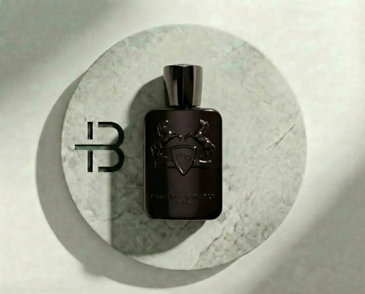 Schwarzer Luxusparfumflakon auf rundem Marmortablett, elegantes Design, Herrenduft