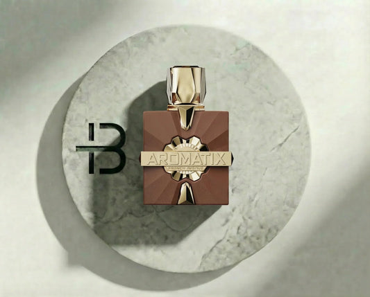 Luxuriöses Parfumflakon in Braun und Gold auf grauer Marmorplatte, edles Design