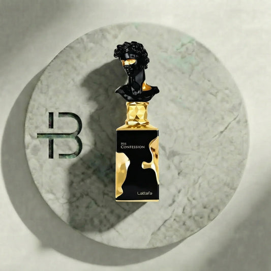 Luxusparfum-Flakon in Schwarz und Gold mit Skulptur-Design, edler Hintergrund, Herrenduft