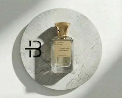 Luxusparfum Flakon mit goldener Kappe auf Marmorteller, edles Eau de Parfum für Damen und Herren