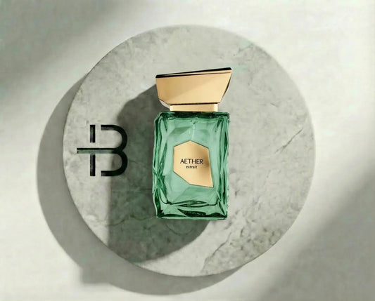Luxus Parfumflakon in Grün mit goldener Kappe und Aufschrift AETHER extrait auf Marmorplatte