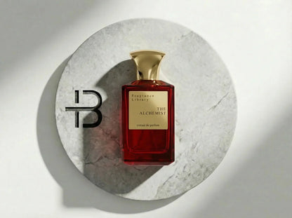 Roter Luxusparfumflakon mit goldener Kappe auf rundem Marmortablett, Aufschrift The Alchemist.