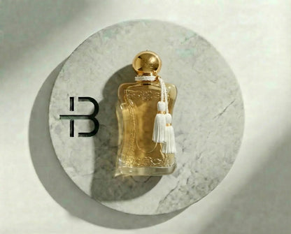 Luxusparfum Flakon mit goldener Kappe und weißer Quaste auf rundem Marmoruntergrund