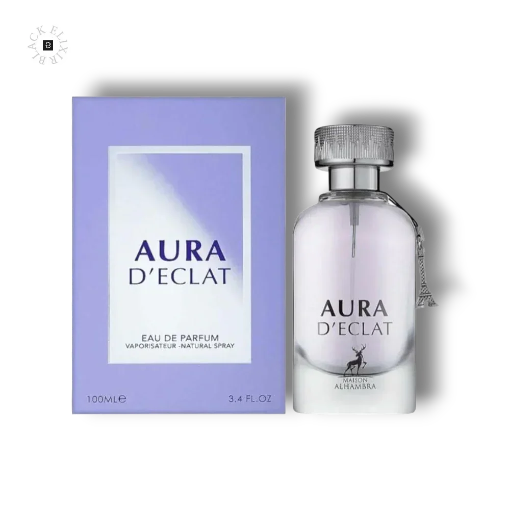 Aura D'Eclat Eau de Parfum 100ml Flakon neben lilafarbener Parfümverpackung auf schwarzem Hintergrund