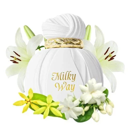 Edles Parfum-Flakon in Weiß mit goldener Aufschrift, umgeben von weißen Blumen