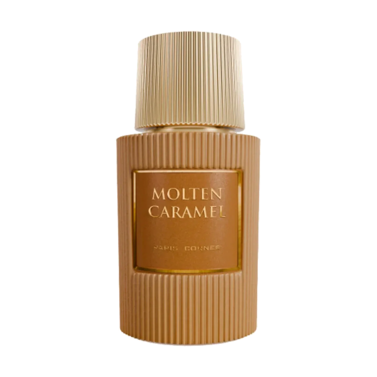Paris Corner Molten Caramel Eau de Parfum in braunem, geriffeltem Flakon vor schwarzem Hintergrund