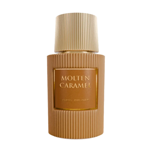 Paris Corner Molten Caramel Eau de Parfum in braunem, geriffeltem Flakon vor schwarzem Hintergrund