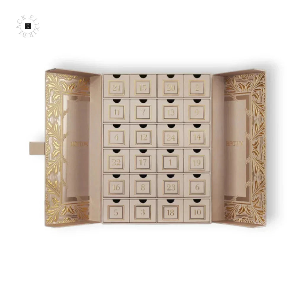Luxuriöser Adventskalender mit 24 nummerierten Schubladen, elegantes gold-weißes Design