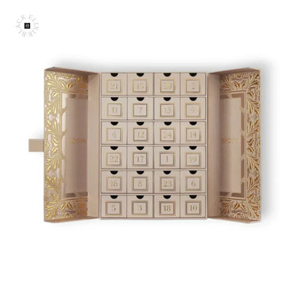 Luxuriöser Adventskalender mit 24 nummerierten Schubladen, elegantes gold-weißes Design