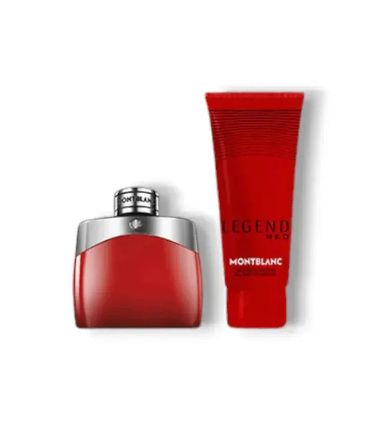 Rotes Parfum-Set mit Flakon und Tube, Aufschrift Legend Red, Männerduft-Set auf Weiß