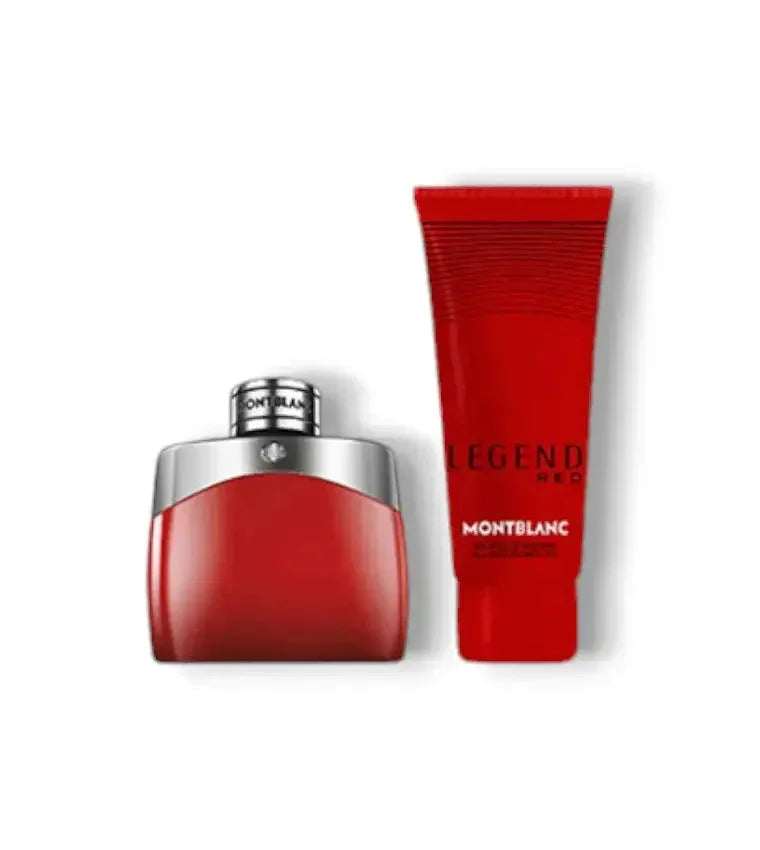 Rotes Montblanc Legend Red Duftset mit Parfümflakon und Tube auf weißem Hintergrund