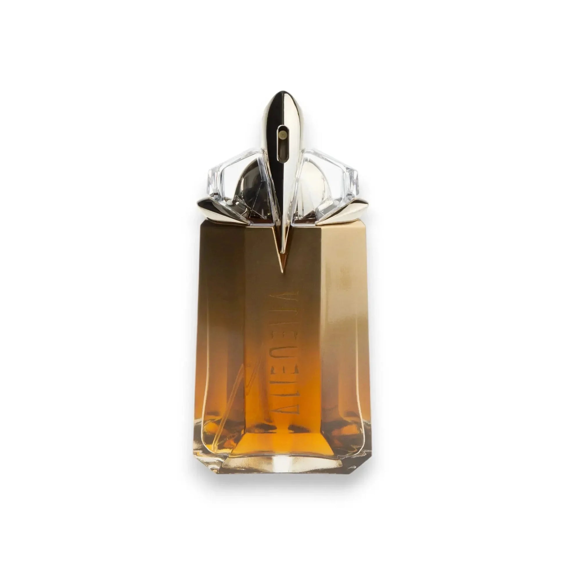 Goldener, nachfüllbarer Parfumflakon mit luxuriösem Design auf weißem Hintergrund
