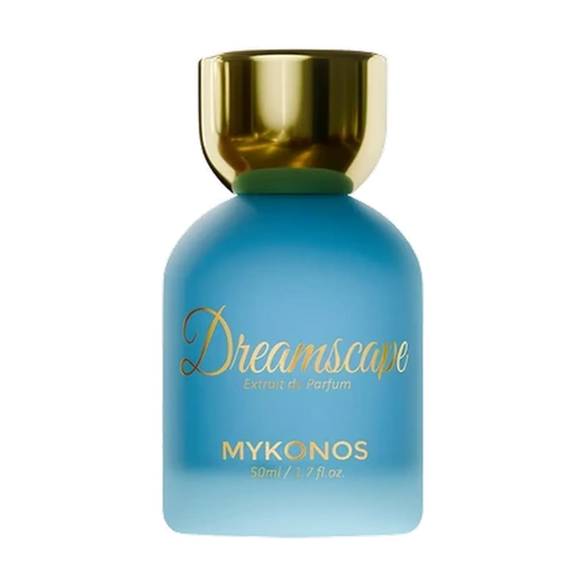 Mykonos Dreamscape Extrait de Parfum, 50ml Flakon in Hellblau mit goldenem Verschluss