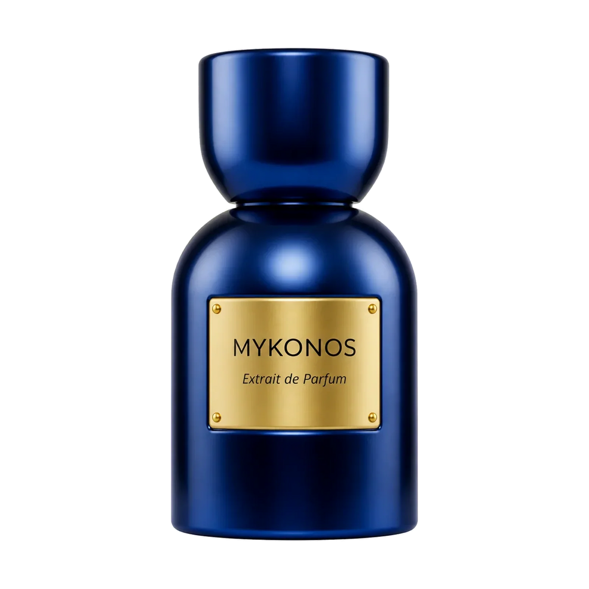 Mykonos Inception Extrait de Parfum in einem dunkelblauen Flakon mit goldener Plakette.
