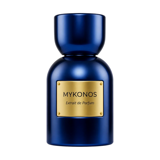 Mykonos Inception Extrait de Parfum in einem dunkelblauen Flakon mit goldener Plakette.