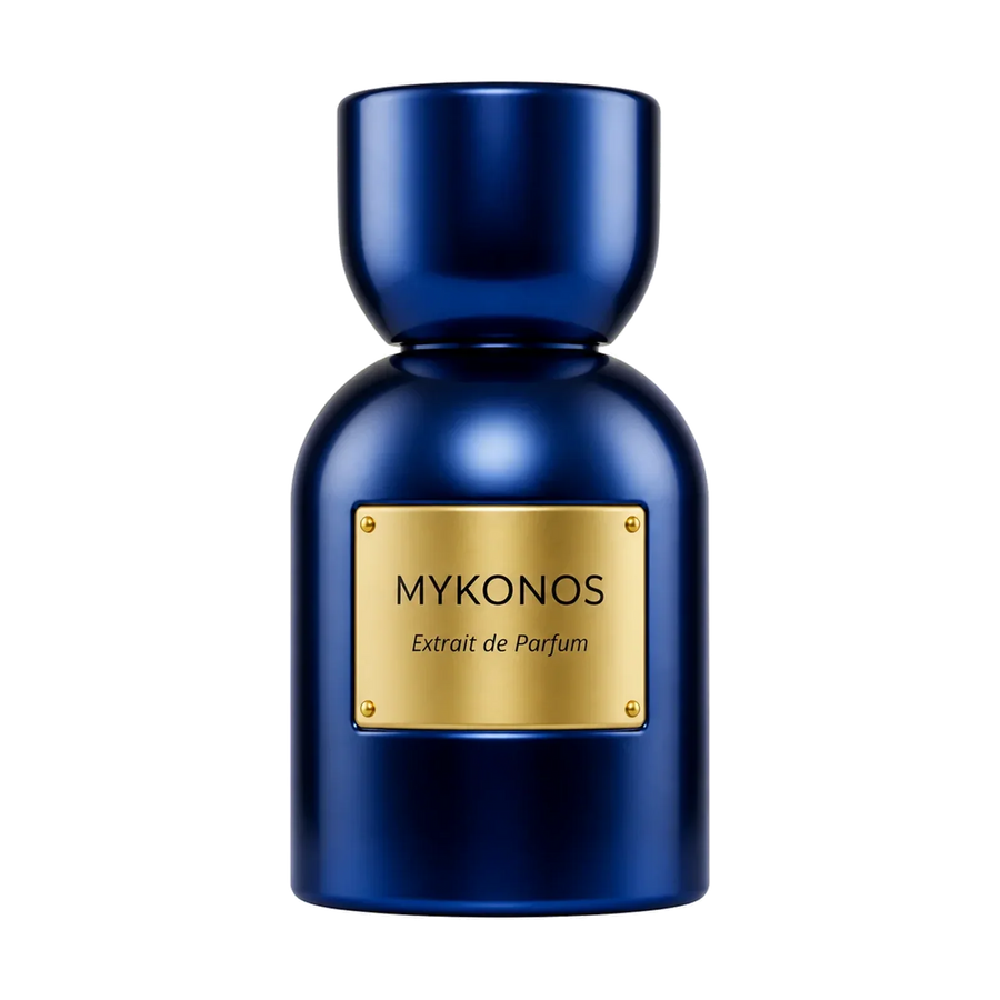 Mykonos Inception Extrait de Parfum in einem dunkelblauen Flakon mit goldener Plakette.