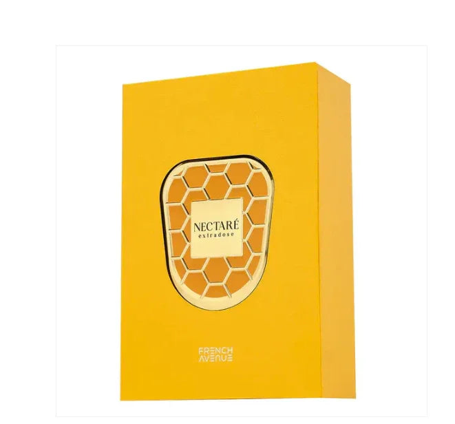 Gelbe Parfumverpackung mit Wabenmuster und NECTARE extrados-Label, Luxusduft Unisex