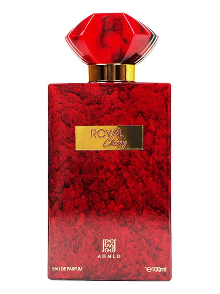 Rotes Parfumflakon mit goldener Aufschrift Royal Cherry, luxuriöses Eau de Parfum für Damen und Herren.