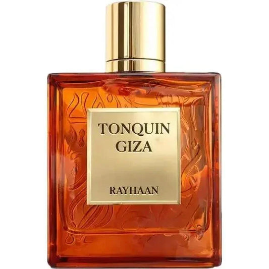 Luxusparfumflakon Tonquin Giza Rayhaan, eckige Glasflasche mit goldfarbenem Etikett