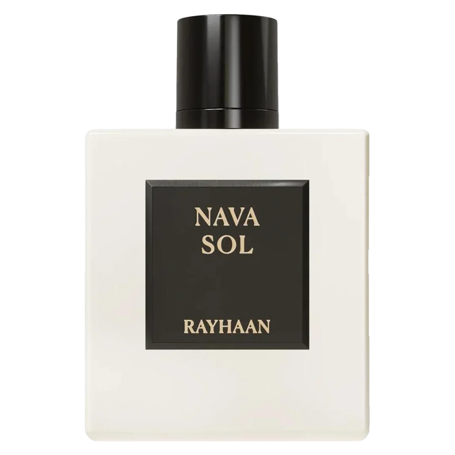 Parfümflasche Nava Sol von Rayhaan in weißem Design mit schwarzem Deckel