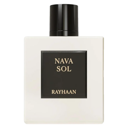 Parfümflasche Nava Sol von Rayhaan in weißem Design mit schwarzem Deckel