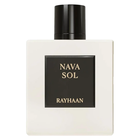 Parfümflasche Nava Sol von Rayhaan in weißem Design mit schwarzem Deckel