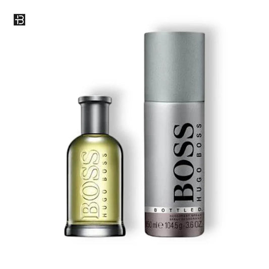 Hugo Boss Parfüm und Deodorant für Herren, luxuriöses Duftset auf weißem Hintergrund