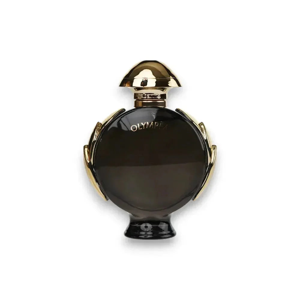 Luxuriöses Damenparfum Olympéa in runder, dunkler Flasche mit goldenen Akzenten