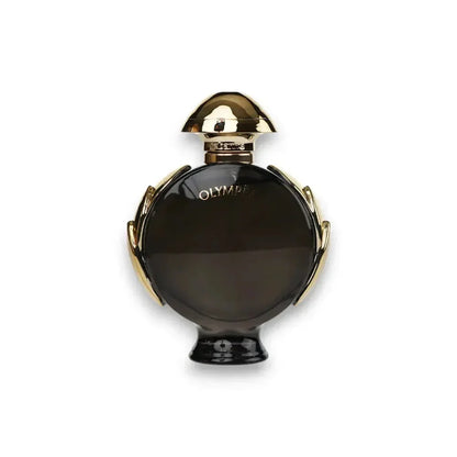 Luxuriöses Damenparfum Olympéa in runder, dunkler Flasche mit goldenen Akzenten