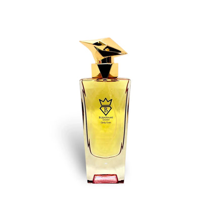 Eleganter goldfarbener Flakon des Luxusparfums Bujairami Only Ever vor weißem Hintergrund