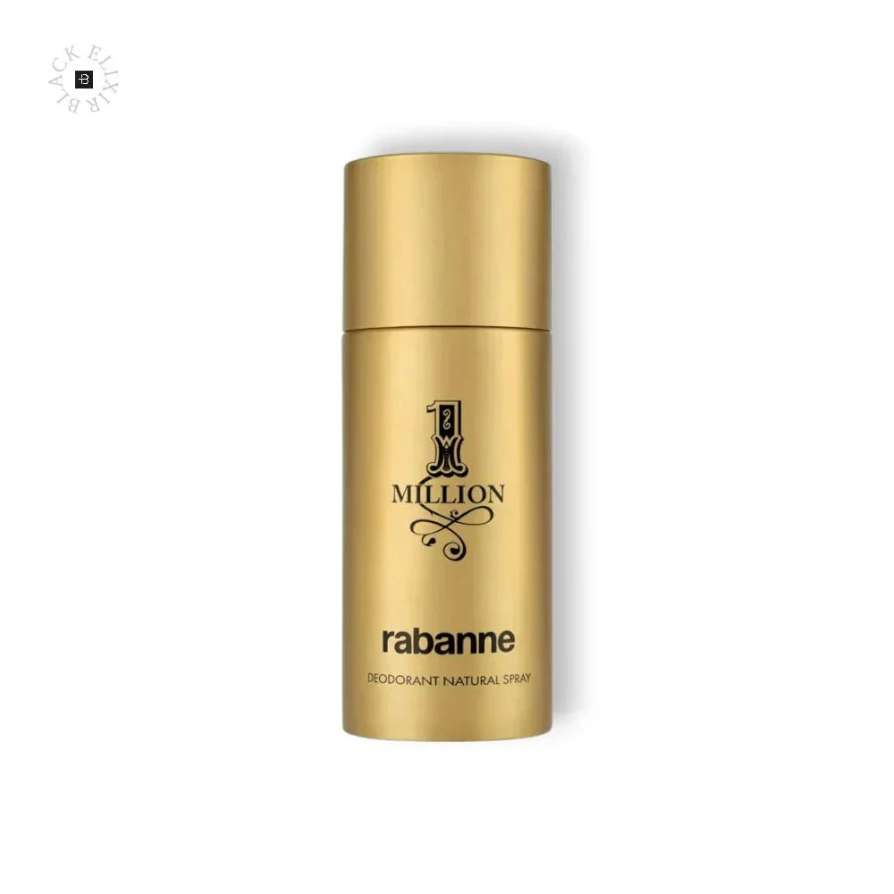 Goldener Deodorant-Spray mit Aufschrift '1 Million' und 'rabanne', isoliert vor weißem Hintergrund