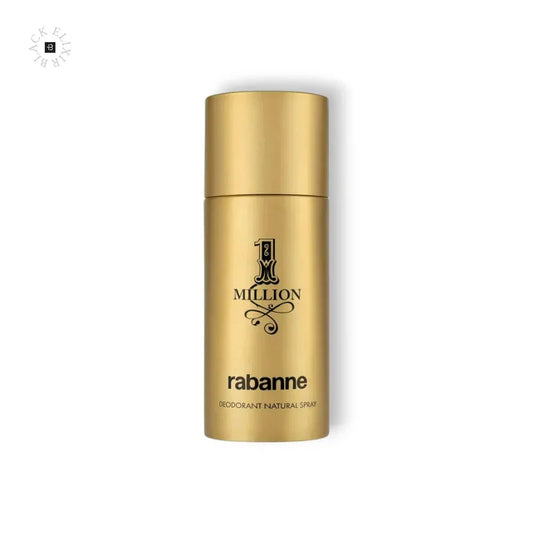 Goldener Deodorant-Spray mit Aufschrift '1 Million' und 'rabanne', isoliert vor weißem Hintergrund