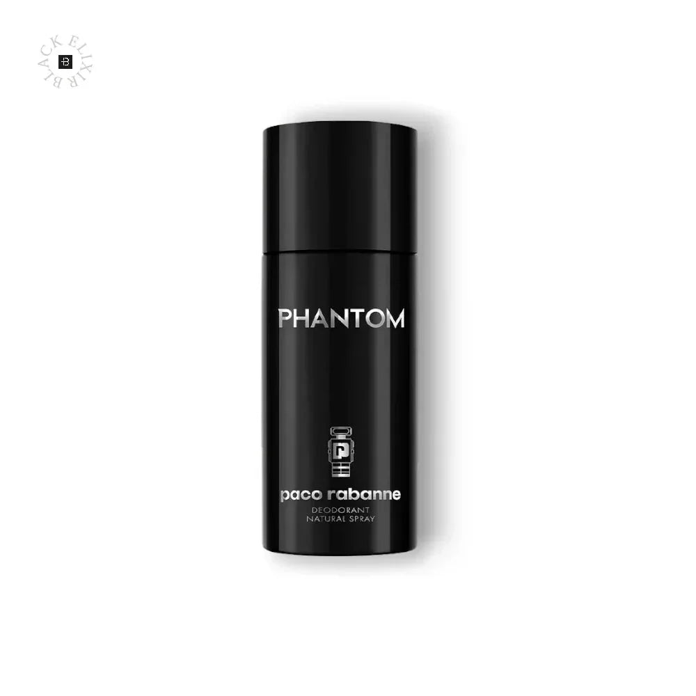 Schwarzer Deospray Phantom 150ml, steht auf weißem Hintergrund, Produktfoto für Herrendüfte.