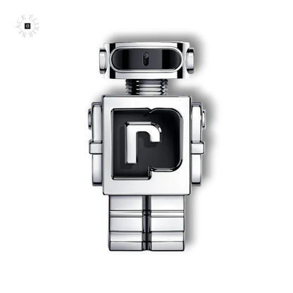 Silberner Parfümflakon in roboterförmigem Design, vor schwarzem Hintergrund.