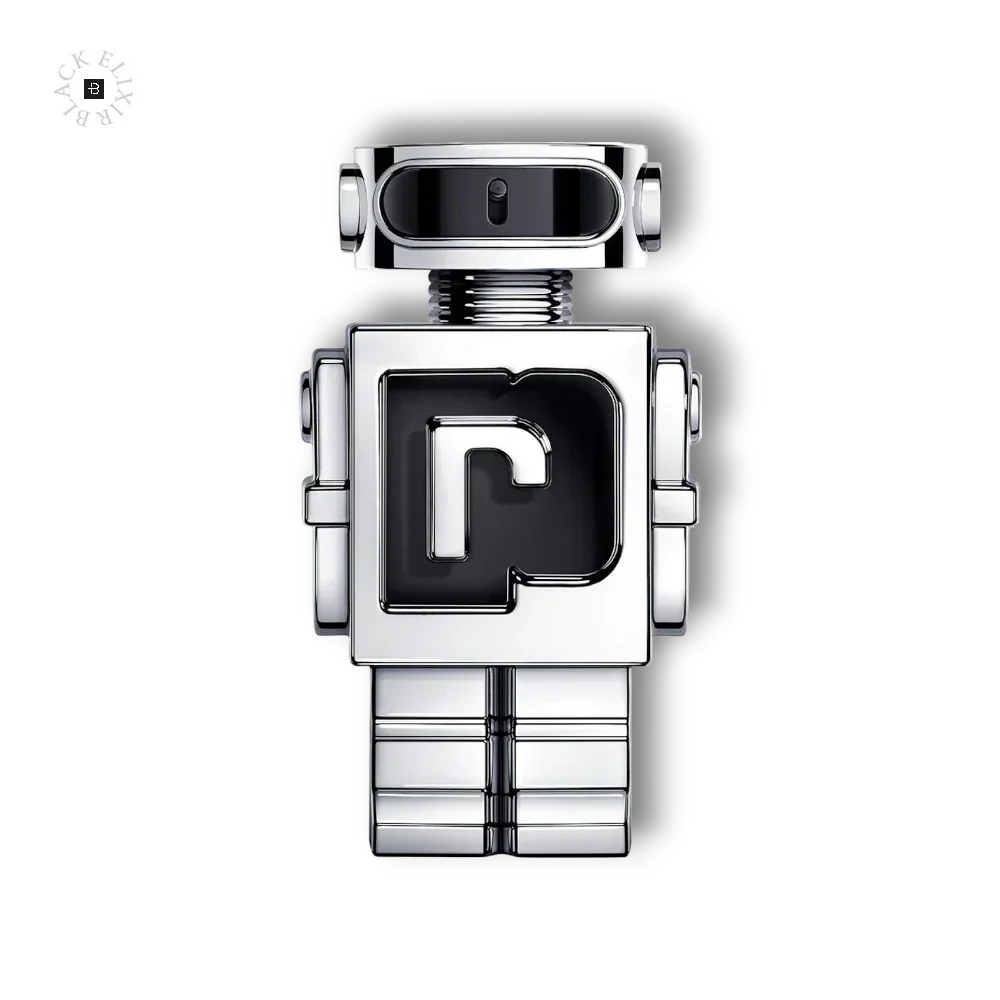 Silberner Herrenparfum Flakon in Roboterform auf schwarzem Hintergrund, modern und stilvoll.