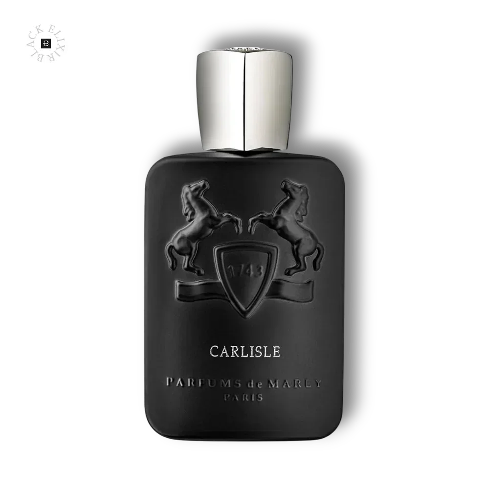 Schwarzer Parfumflakon mit silbernem Verschluss, Prägung von Pferden und edlem Design