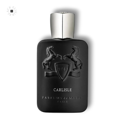 Schwarzer Parfumflakon mit silbernem Verschluss, Prägung von Pferden und edlem Design