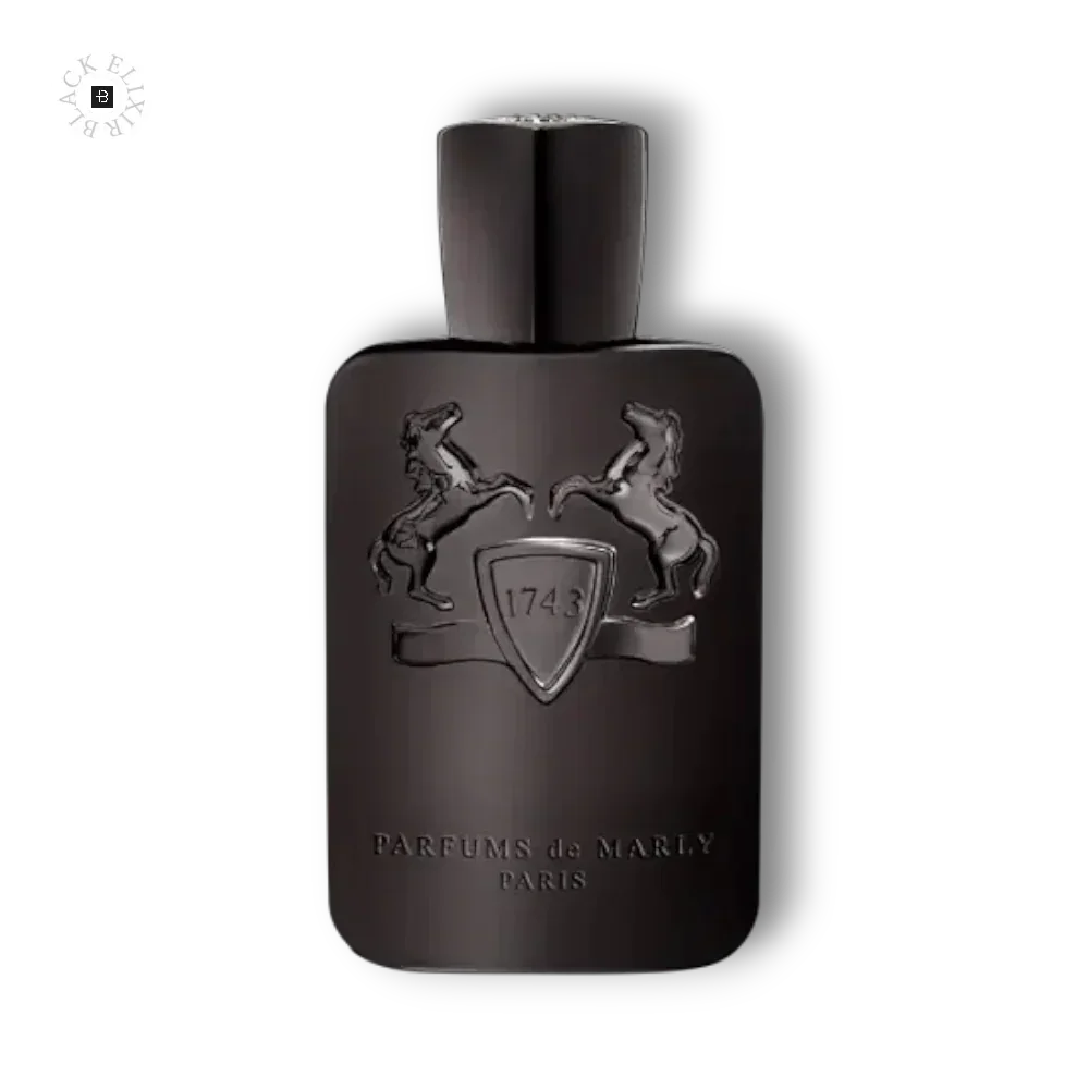 Edles Parfumflakon in dunklem Design mit geprägtem Wappen und Pferden, Herrenduft