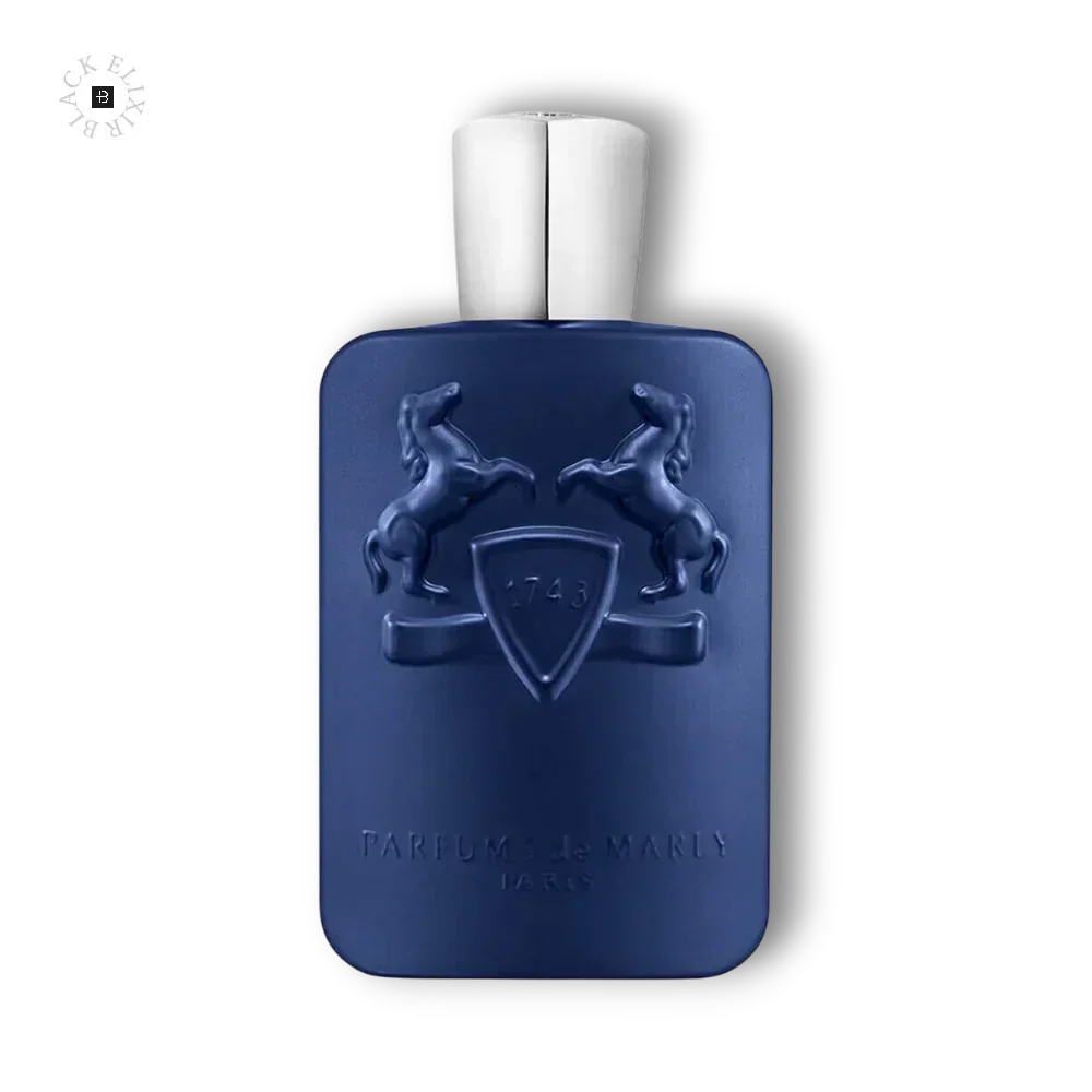 Blauer Parfumflakon mit Relief-Zierpferden und silberner Verschluss, Luxus Duft.