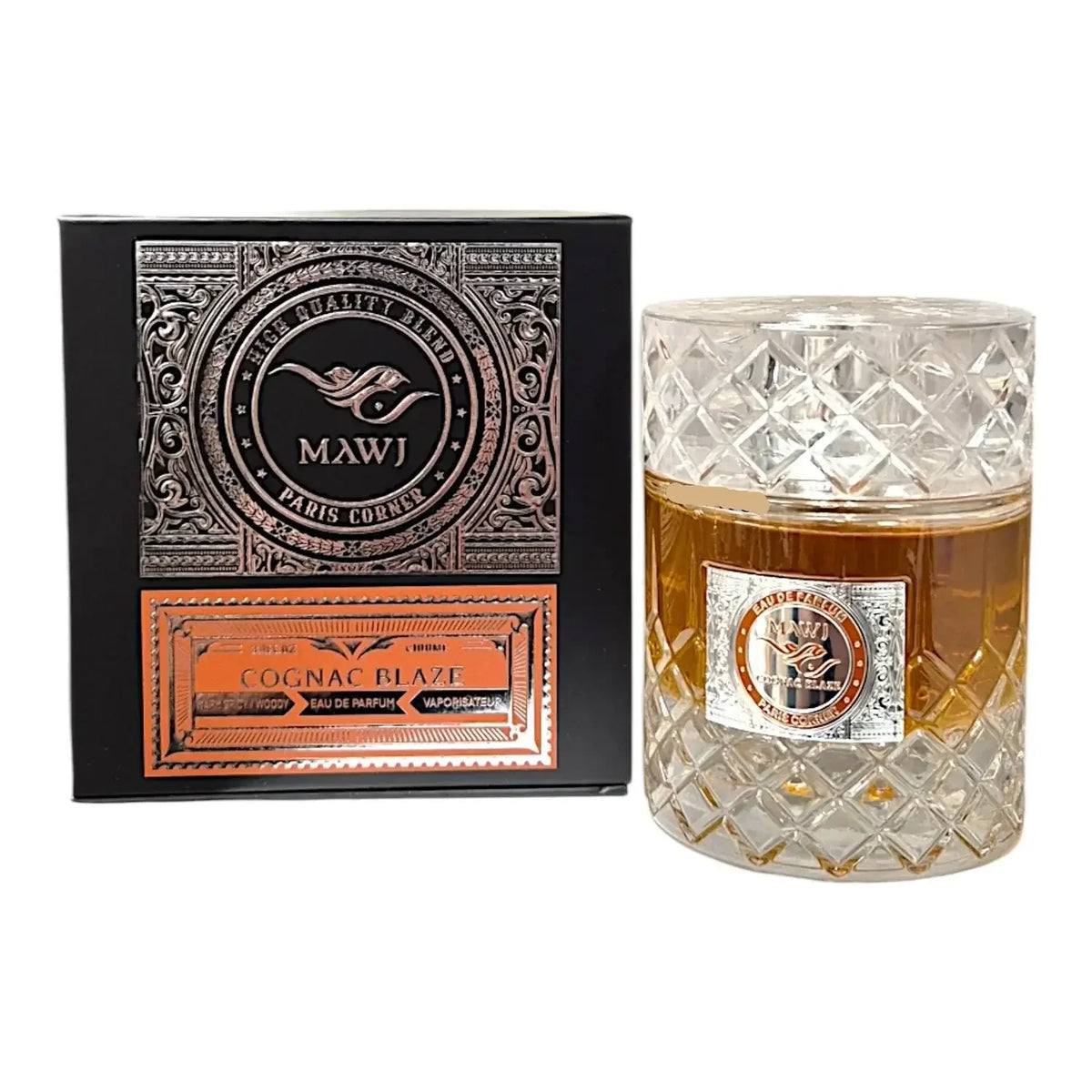 Luxuriöses Parfum MAWJ Cognac Blaze Eau de Parfum in edler Kristallflasche mit Verpackung