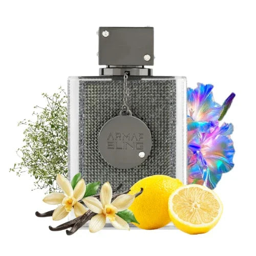 Luxus Parfumflakon mit Vanille, Zitrone, Blumen und aromatischen Kräutern arrangiert