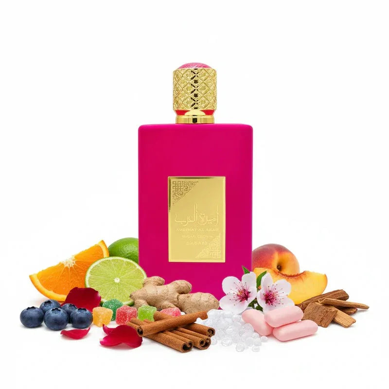 Pinker Luxusparfumflakon mit Noten von Orange, Limette, Ingwer, Zimt, Beeren und Blüten