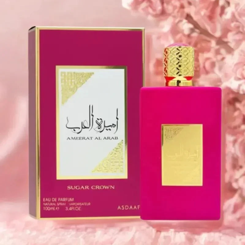 Ameerat Al Arab Sugar Crown Parfum für Damen, pink-goldene Flasche mit passender Box, luxuriöses Design.