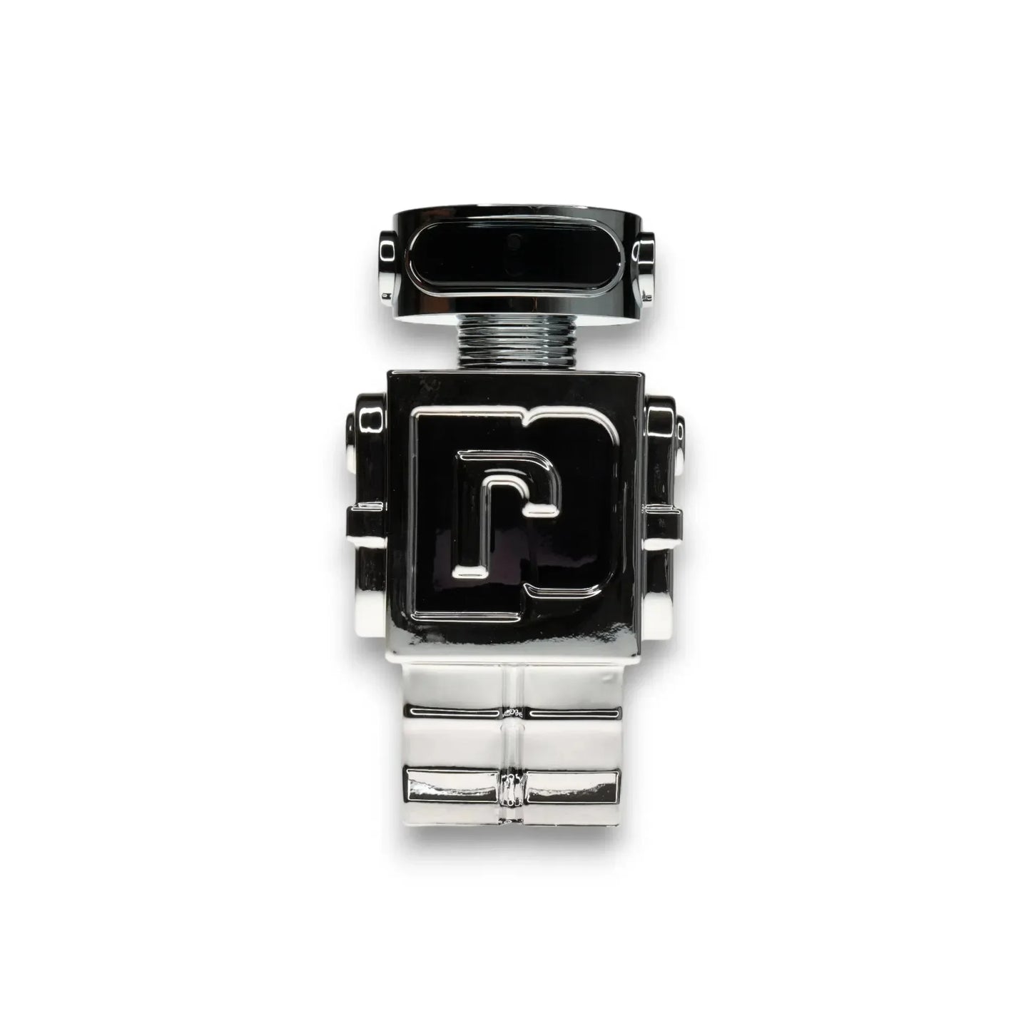 Silberner Flakon in Roboterform, Herrenduft, modernes Parfum Design auf weißem Hintergrund